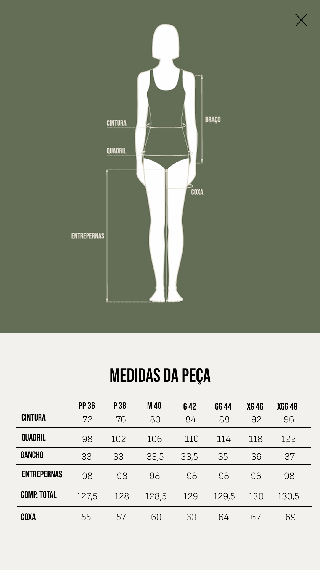 Tabela de Medidas - Jeans wideleg Alessandra
