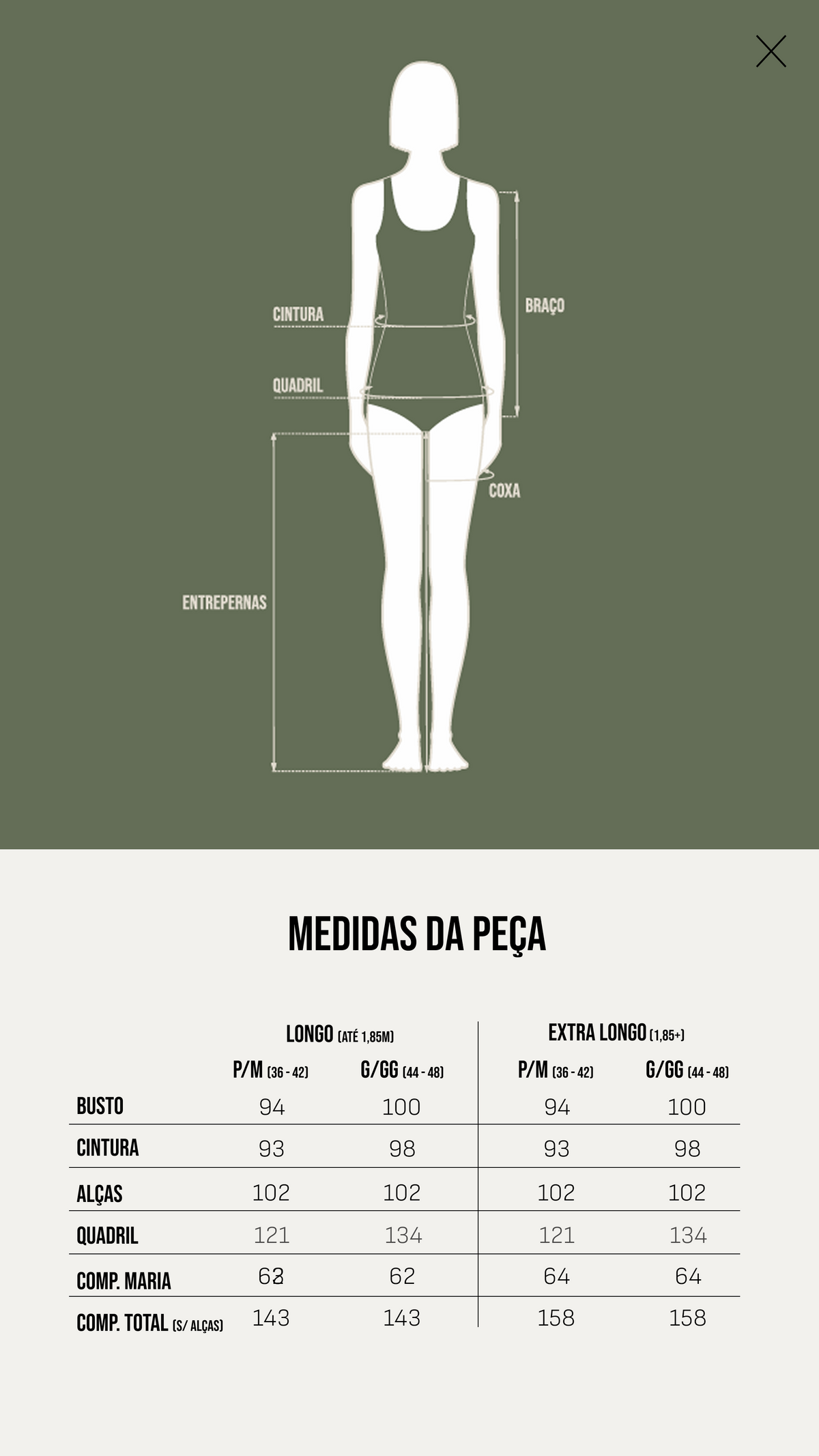 Tabela de Medidas - Vestido Anita - Extra longo (1,85m+)