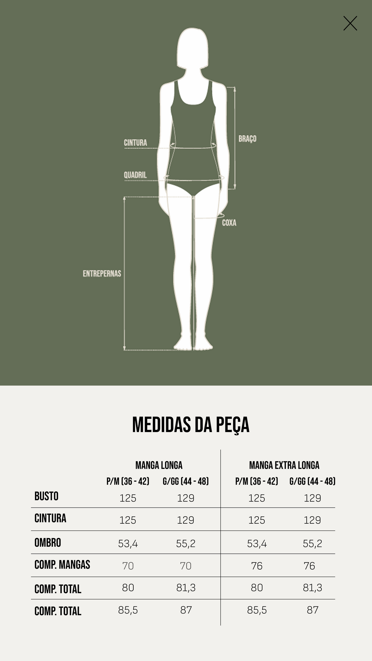 Tabela de Medidas - Chemise Nicolli Longa